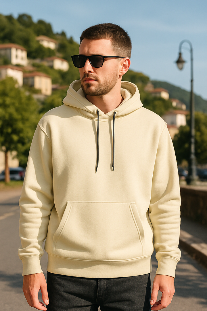 Cream Plain Cotton Hoodie For Unisex - 350GSM Anti-Fade Fabric