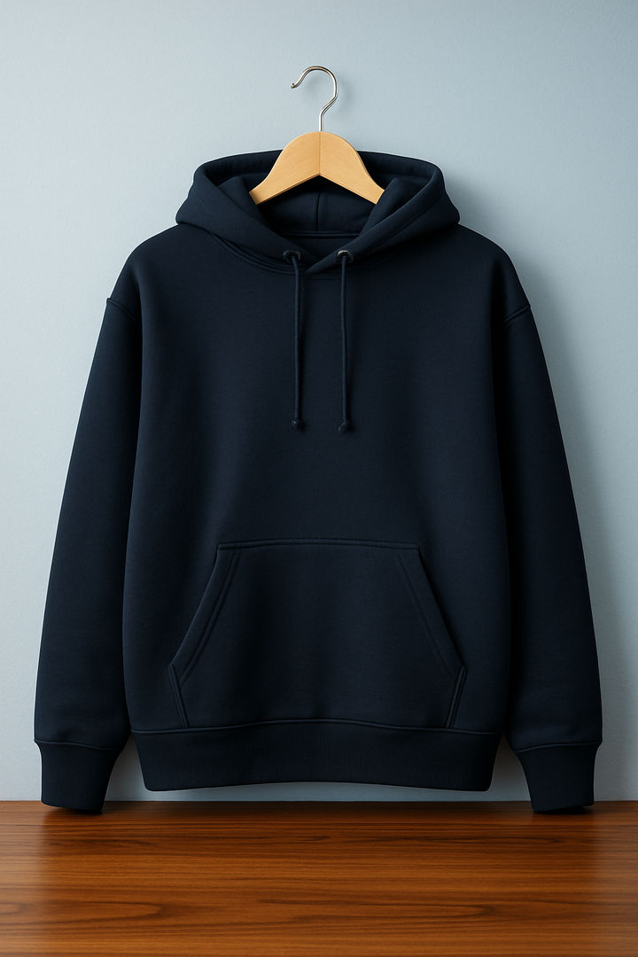 Navy Plain Cotton Hoodie For Unisex - 320GSM Anti-Fade Fabric